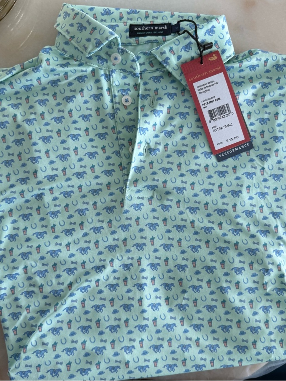 Kentucky Derby Southern Marsh Mint Polo with Blue Print